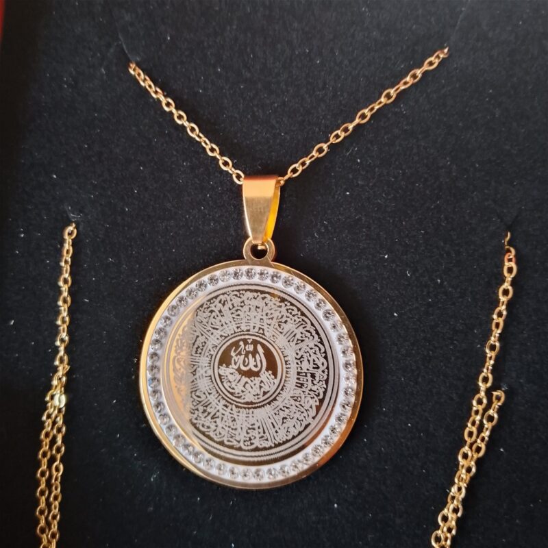 5-tasli-gold taşlı altın rengi kolye ayetel kürsi dualı paslanmaz çelik gold titanyum pvd kaplı